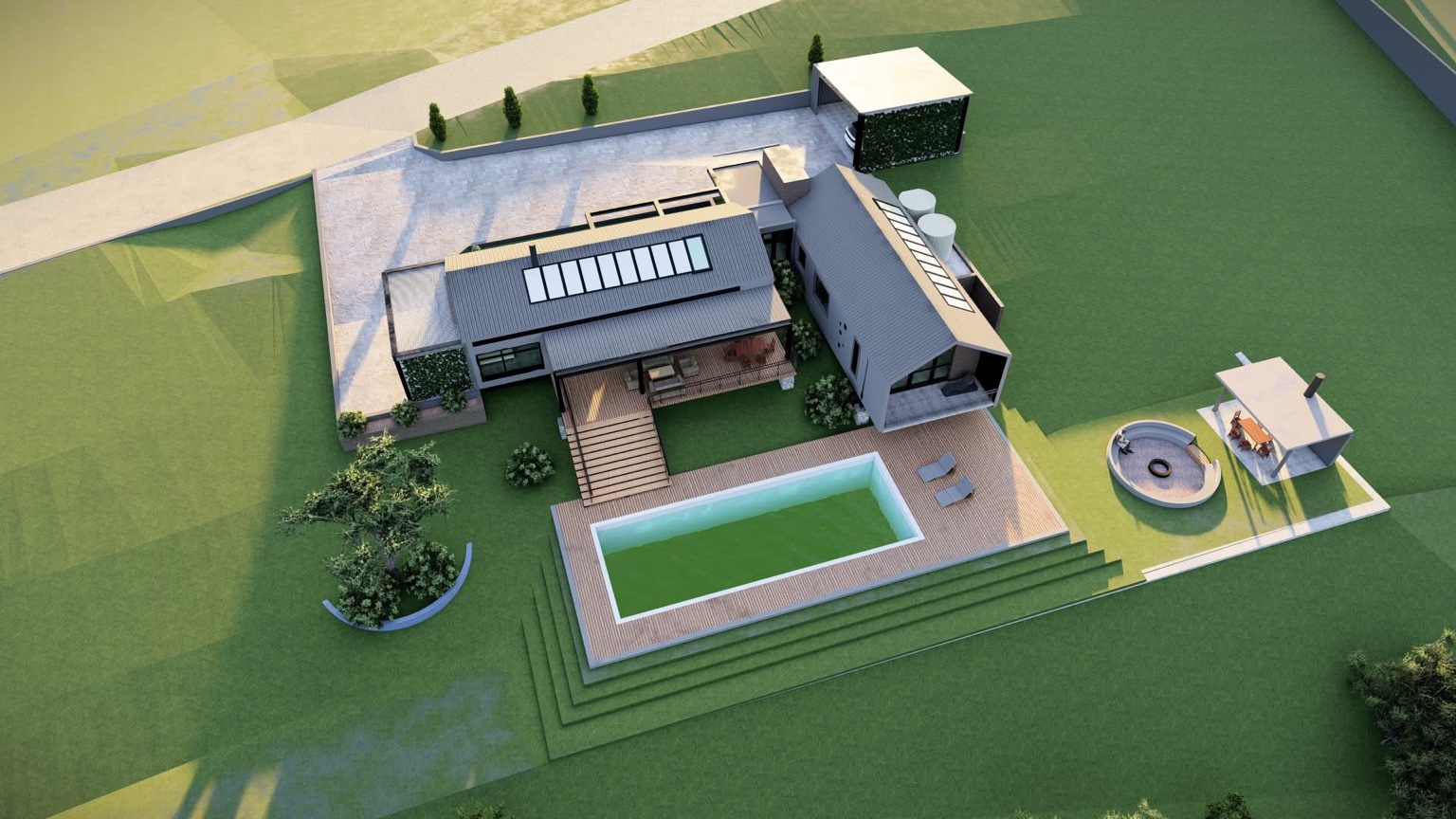 Aerial architectural visualisation of a contemporary home and outdoor living area