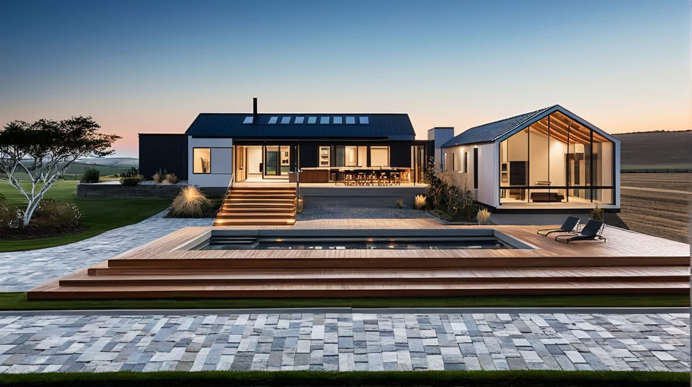 Aerial architectural visualisation of a contemporary home and outdoor living area